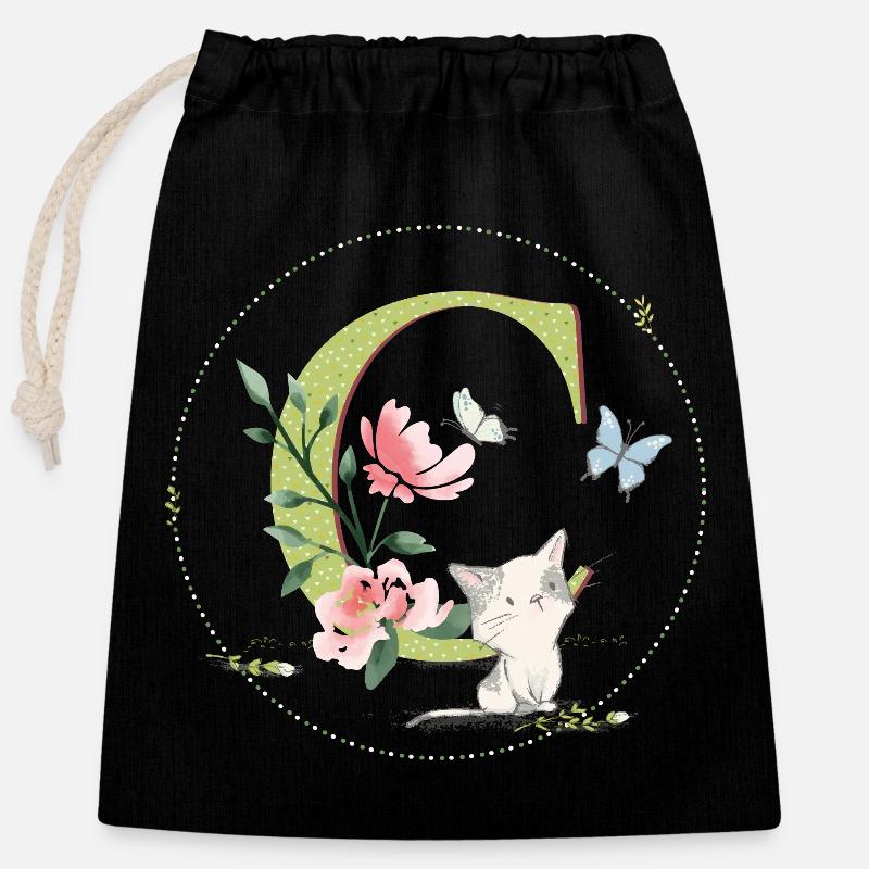 Initial letter C with cat - Closable cotton gift bag (25x30cm) - black