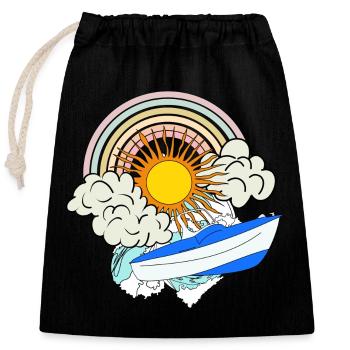 Motorboat Sun Retro Rainbow Clouds Sea Boat - Closable cotton gift bag (25x30cm) - black - Front