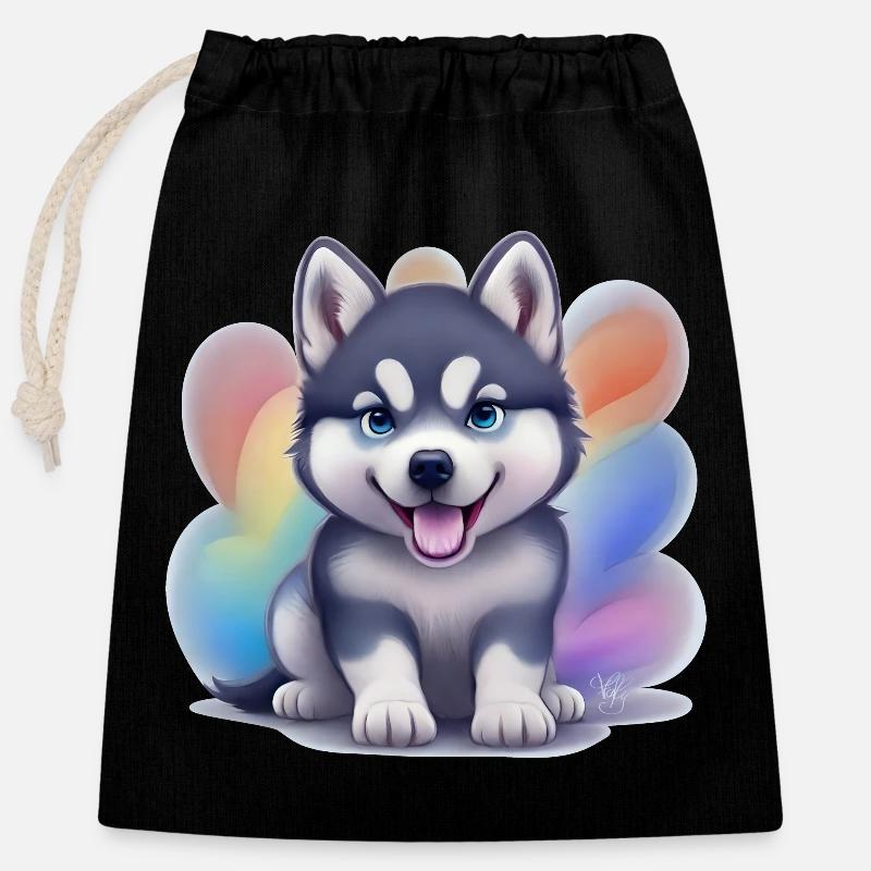 Chiot Husky Sibérien - Sac cadeau en coton avec cordon (25 x 30 cm) - noir