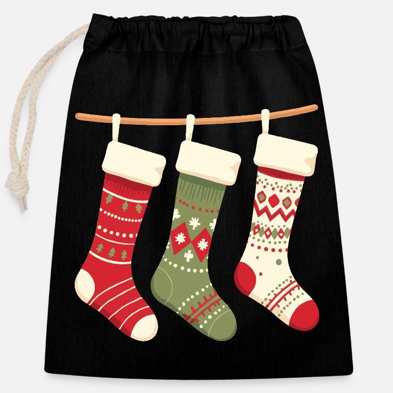 Three Stockings Christmas Pattern - Closable cotton gift bag (25x30cm) - black