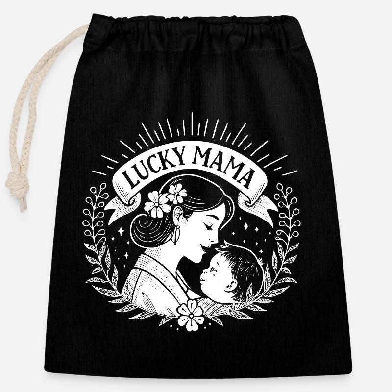 Lucky mama avec bébé - Sac cadeau en coton avec cordon (25 x 30 cm) - noir