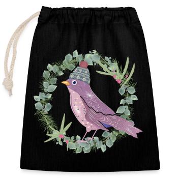 Bird with mistletoe & eucalyptus in winter mood - Closable cotton gift bag (25x30cm) - black - Front