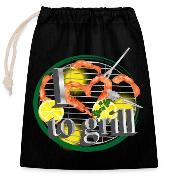 A barbecue with lemons and prawns in the shape of a heart - Closable cotton gift bag (25x30cm) - black - Front