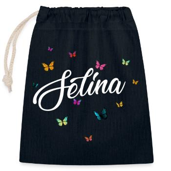 SELINA - Girl Name with Colorful Butterflies - Closable cotton gift bag (25x30cm) - navy - Front