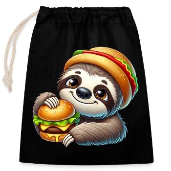 paresseux avec burger mignon dessin animé de restauration rapide - Sac cadeau en coton avec cordon (25 x 30 cm) - noir - Devant