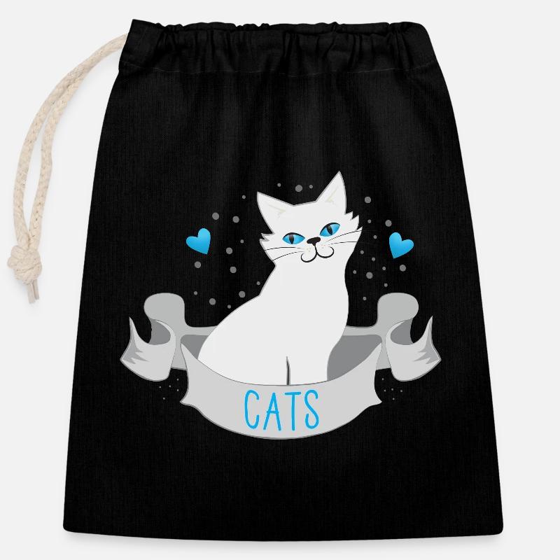 White cats on a banner with blue hearts - Closable cotton gift bag (25x30cm) - black