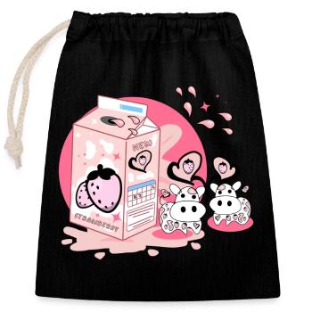 Milkshake à la fraise Carton Rose Drôle Japonais - Sac cadeau en coton avec cordon (25 x 30 cm) - noir - Devant