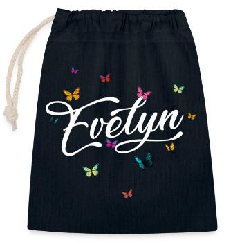 EVELYN - Girl Name with Colorful Butterflies - Closable cotton gift bag (25x30cm) - navy - Front