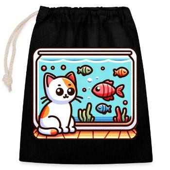 Cute Kitty looking at Fish in Aquarium - Closable cotton gift bag (25x30cm) - black - Front