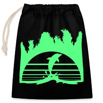 Dolphin Jumping Lines Sun Palm Trees Cool Silhouette - Closable cotton gift bag (25x30cm) - black - Front