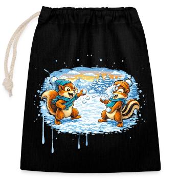 Lustige Schneeballschlacht mit Streifenhörnchen  - Verschließbarer Geschenkbeutel aus Baumwolle (25x30cm) - Schwarz - Vorne