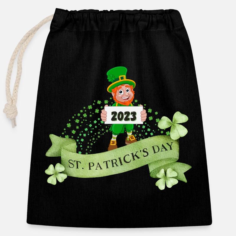 St. Patrick's Day 2023 Leprechaun med Shamrock Ireland - Gavepose av bomull med lukkemekanisme (25x30cm) - svart
