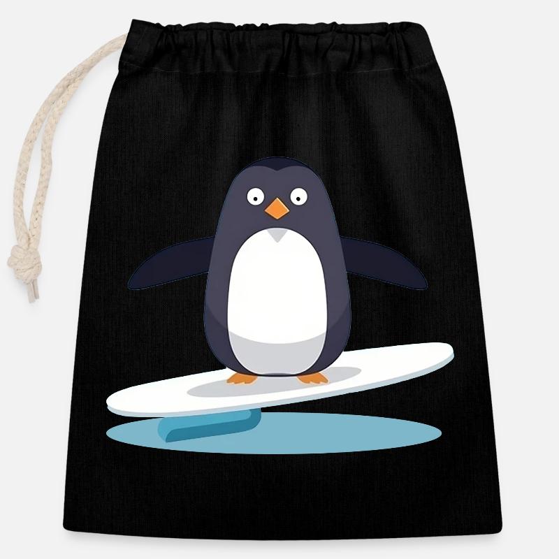 Cute surfing penguin on a surfboard - Closable cotton gift bag (25x30cm) - black