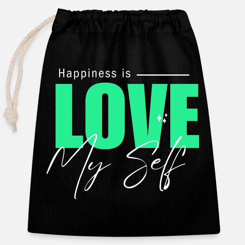 Happiness is - LOVE - MY SELF - Closable cotton gift bag (25x30cm) - black