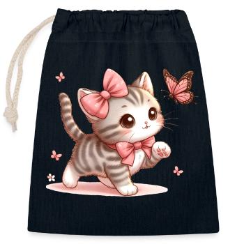 Chat avec papillon - Sac cadeau en coton avec cordon (25 x 30 cm) - bleu marine - Devant