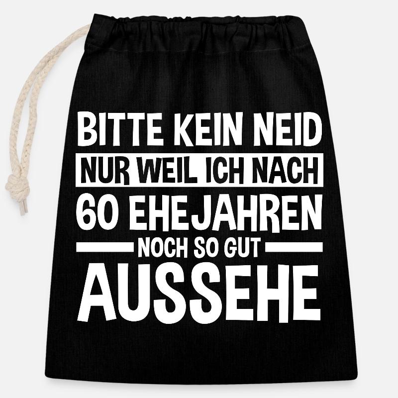 Mariage Noces de diamant 60 ans de mariage Hochz - Sac cadeau en coton avec cordon (25 x 30 cm) - noir