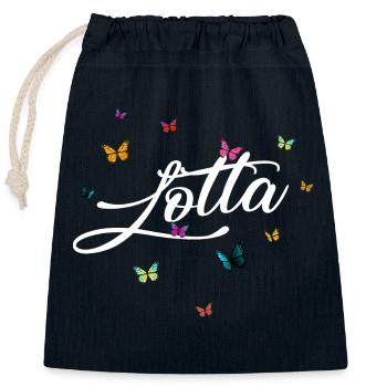 LOTTA - Mädchen Name mit bunten Schmetterlingen - Verschließbarer Geschenkbeutel aus Baumwolle (25x30cm) - Navy - Vorne