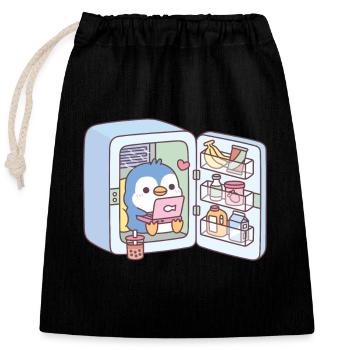 Pingouin mignon refroidissant dans un réfrigérateur - Sac cadeau en coton avec cordon (25 x 30 cm) - noir - Devant