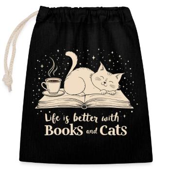 BOOKS AND CATS - Closable cotton gift bag (25x30cm) - black - Front
