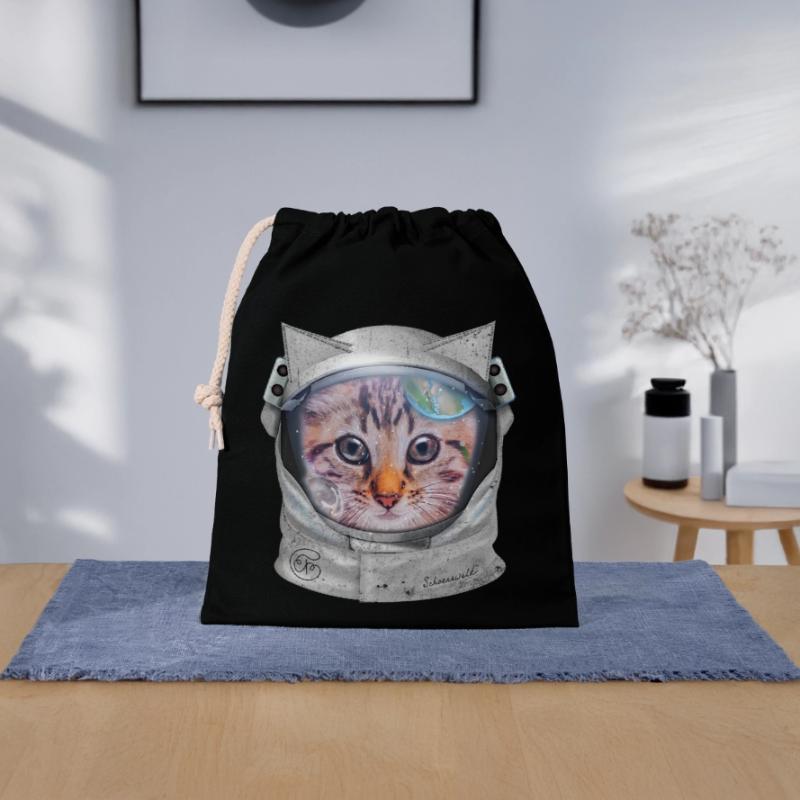 Chat dans l’espace Sac cadeau en coton avec cordon (25 x 30 cm)