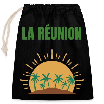 La Réunion T-Shirt Sonne und Palmen - Verschließbarer Geschenkbeutel aus Baumwolle (25x30cm) - Schwarz - Vorne