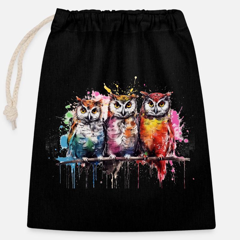 Grafitti Owls - Closable cotton gift bag (25x30cm) - black
