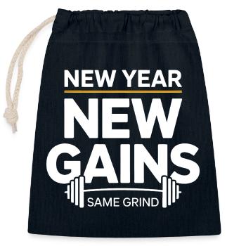 Nouvelle année : nouveaux gains – Même dicton de la salle de sport - Sac cadeau en coton avec cordon (25 x 30 cm) - bleu marine - Devant