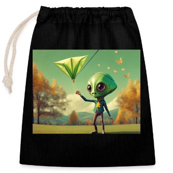 niedlich klein grün retro vintage alien fliegen einen drachen fliegen - Verschließbarer Geschenkbeutel aus Baumwolle (25x30cm) - Schwarz - Vorne