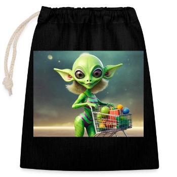 mignon petit extraterrestre rétro vert achète des produits d’épicerie - Sac cadeau en coton avec cordon (25 x 30 cm) - noir - Devant