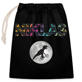 NIKLAS - Schöner Jungen Name mit Dinosaurier - Verschließbarer Geschenkbeutel aus Baumwolle (25x30cm) - Schwarz - Vorne