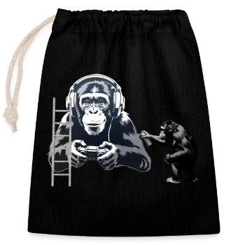 GRAFFITI BANKSY STYLE - CHIMP PLAYING COMPUTER GAM - Closable cotton gift bag (25x30cm) - black - Front