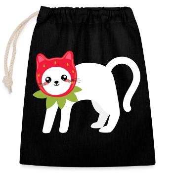 Cat In A Strawberry Pattern Hat - Closable cotton gift bag (25x30cm) - black - Front