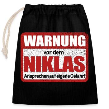 Niklas Name Lustiges Warnschild - Verschließbarer Geschenkbeutel aus Baumwolle (25x30cm) - Schwarz - Vorne