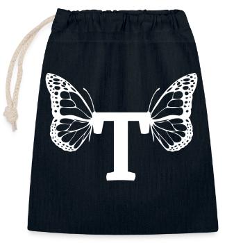 lettre t papillon - Sac cadeau en coton avec cordon (25 x 30 cm) - bleu marine - Devant