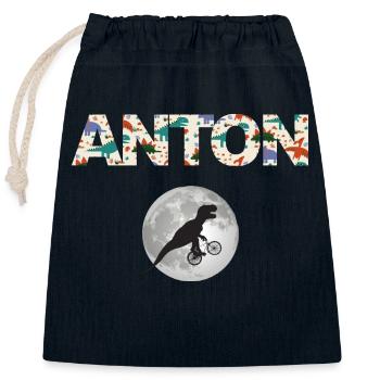 ANTON - Beau prénom de garçon avec dinosaure - Sac cadeau en coton avec cordon (25 x 30 cm) - bleu marine - Devant