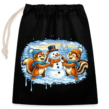 Drôle d’animaux d’hiver construisant un bonhomme de neige – Bande dessinée - Sac cadeau en coton avec cordon (25 x 30 cm) - noir - Devant