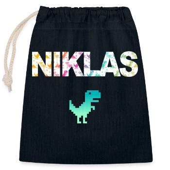 NIKLAS - Schöner Jungen Name mit Dinosaurier - Verschließbarer Geschenkbeutel aus Baumwolle (25x30cm) - Navy - Vorne