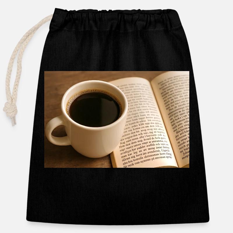 Book and coffee - Closable cotton gift bag (25x30cm) - black