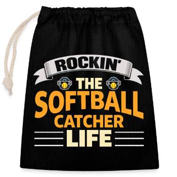 Rockin le receveur de softball joueuse de vie - Sac cadeau en coton avec cordon (25 x 30 cm) - noir - Devant