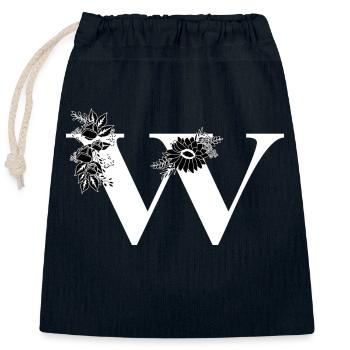 Lettre w floral noir et blanc - Sac cadeau en coton avec cordon (25 x 30 cm) - bleu marine - Devant