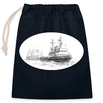 Remorqueur de mer avec remorque - Sac cadeau en coton avec cordon (25 x 30 cm) - bleu marine - Devant