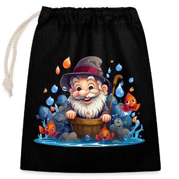 Fröhlicher Fischer mit bunten Fischen - Verschließbarer Geschenkbeutel aus Baumwolle (25x30cm) - Schwarz - Vorne