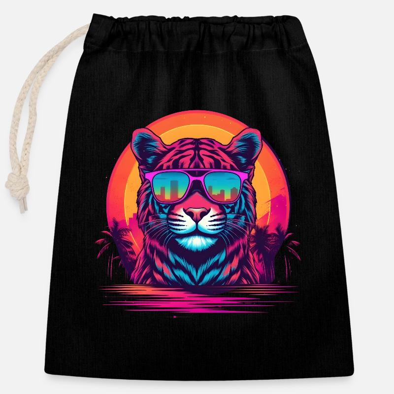 Synthwave Tiger Sunset - Sac cadeau en coton avec cordon (25 x 30 cm) - noir