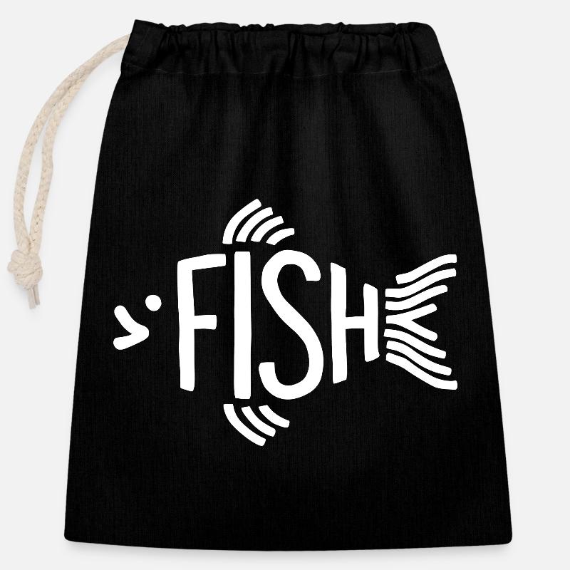 Os de poisson, squelette, pêche à chevrons - Sac cadeau en coton avec cordon (25 x 30 cm) - noir