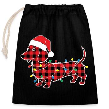 Hund Dackel Weihnachten Plaid Rot Plaid - Verschließbarer Geschenkbeutel aus Baumwolle (25x30cm) - Schwarz - Vorne