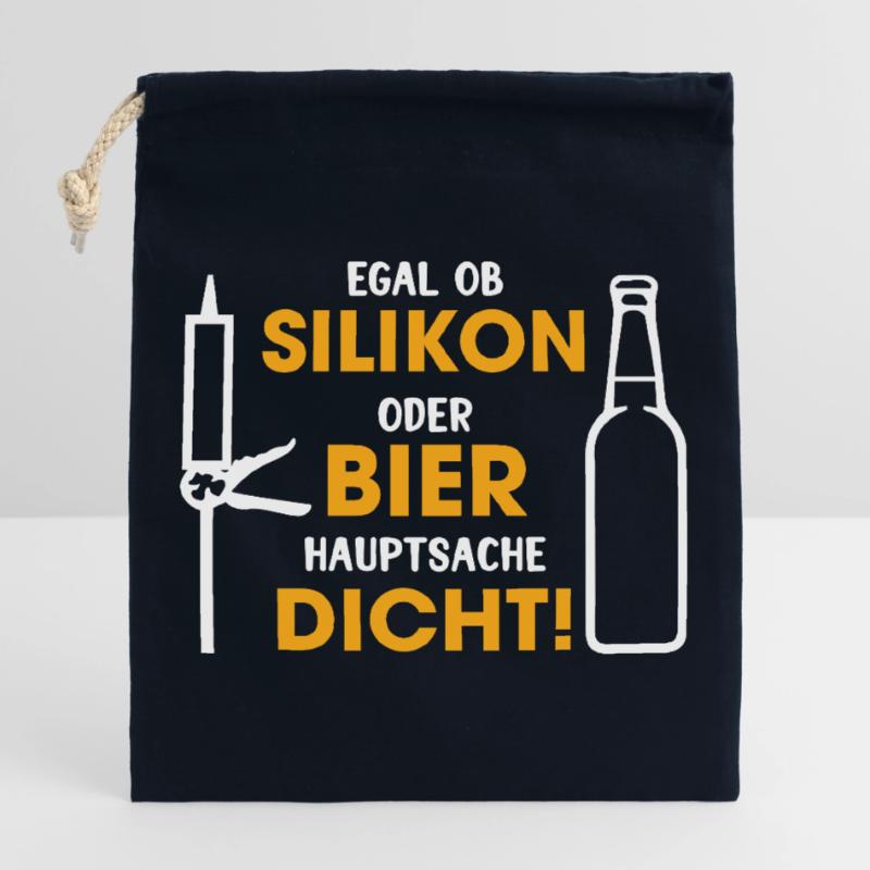 Silikon oder Bier – Hauptsache dicht Verschließbarer Geschenkbeutel aus Baumwolle (25x30cm)