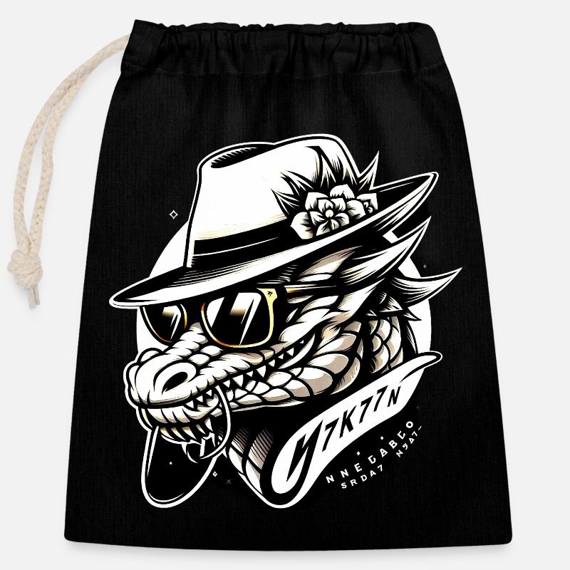 Vintage Crocodile with Fedora and Shades - Closable cotton gift bag (25x30cm) - black