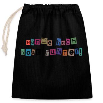 Hände hoch – Hosen runter! Freches Collagen-Design - Verschließbarer Geschenkbeutel aus Baumwolle (25x30cm) - Schwarz - Vorne