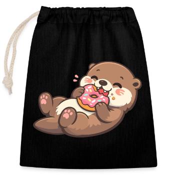 Kuschelbär mit Donut-Genuss - Verschließbarer Geschenkbeutel aus Baumwolle (25x30cm) - Schwarz - Vorne