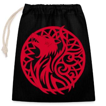 Loup viking rouge et talisman de chance - Sac cadeau en coton avec cordon (25 x 30 cm) - noir - Devant